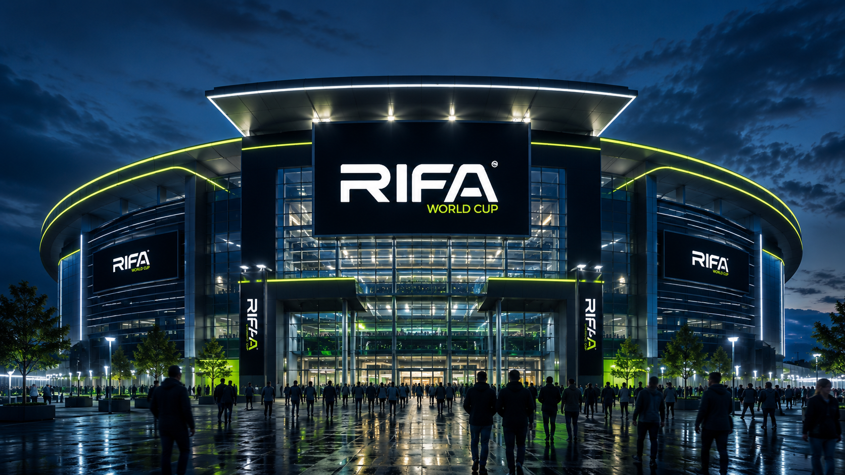 A full stadium with flags raised for RIFA World Cup 26